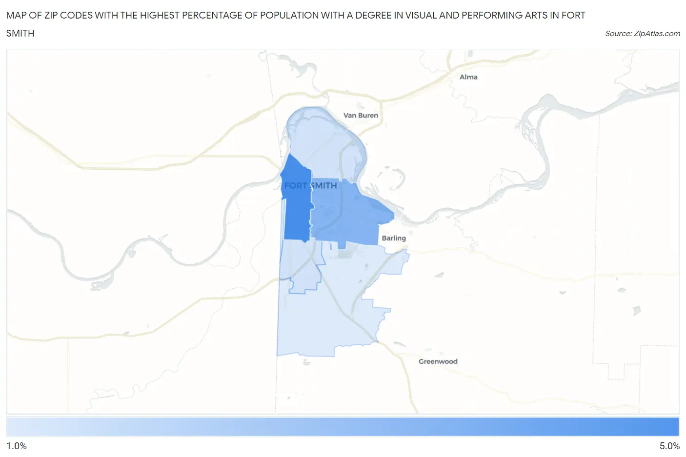 Zip Codes with the Highest Percentage of Population with a Degree in Visual and Performing Arts in Fort Smith Map
