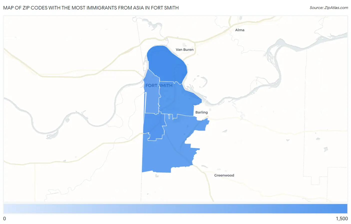 Zip Codes with the Most Immigrants from Asia in Fort Smith Map