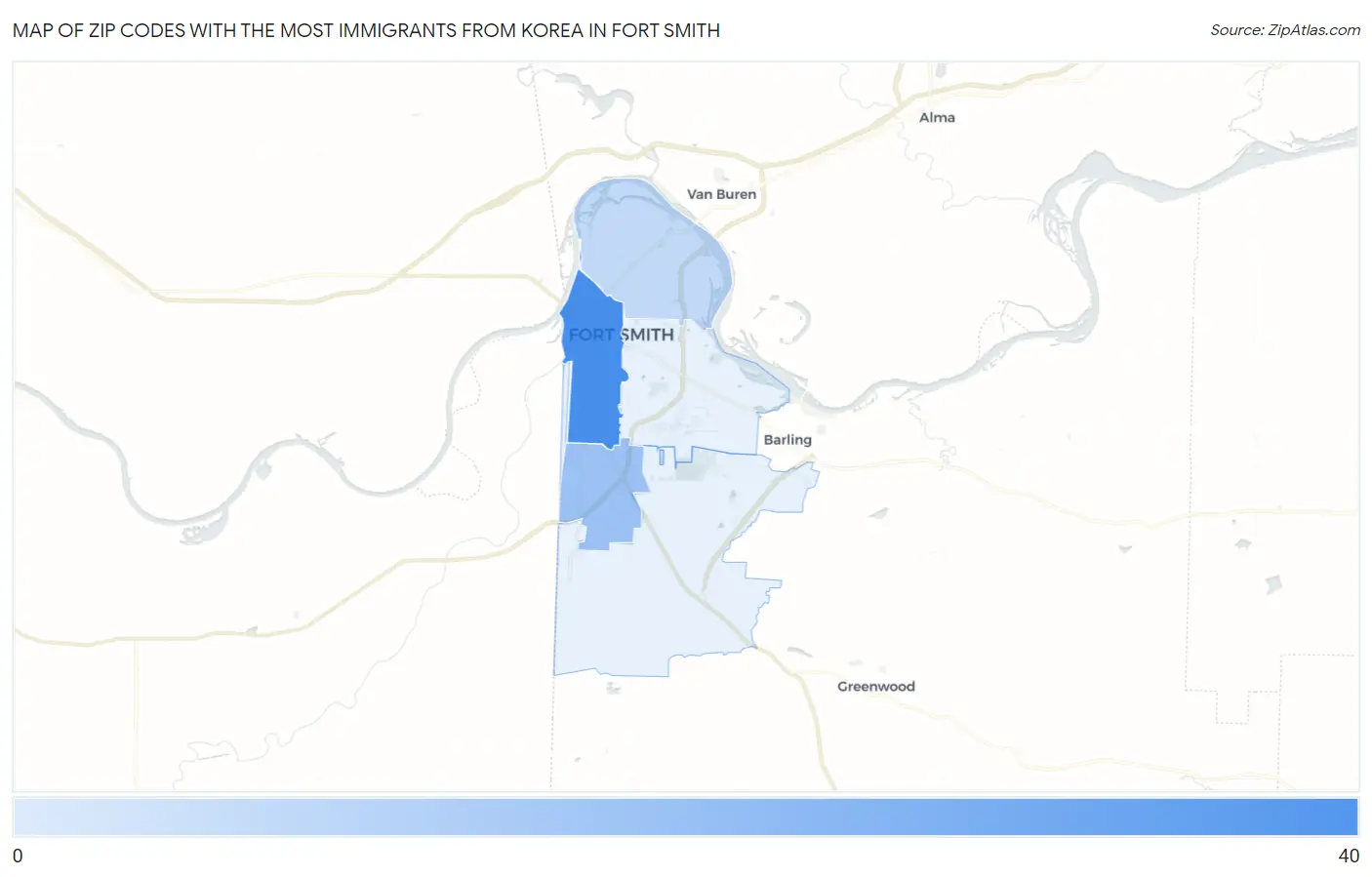 Zip Codes with the Most Immigrants from Korea in Fort Smith Map