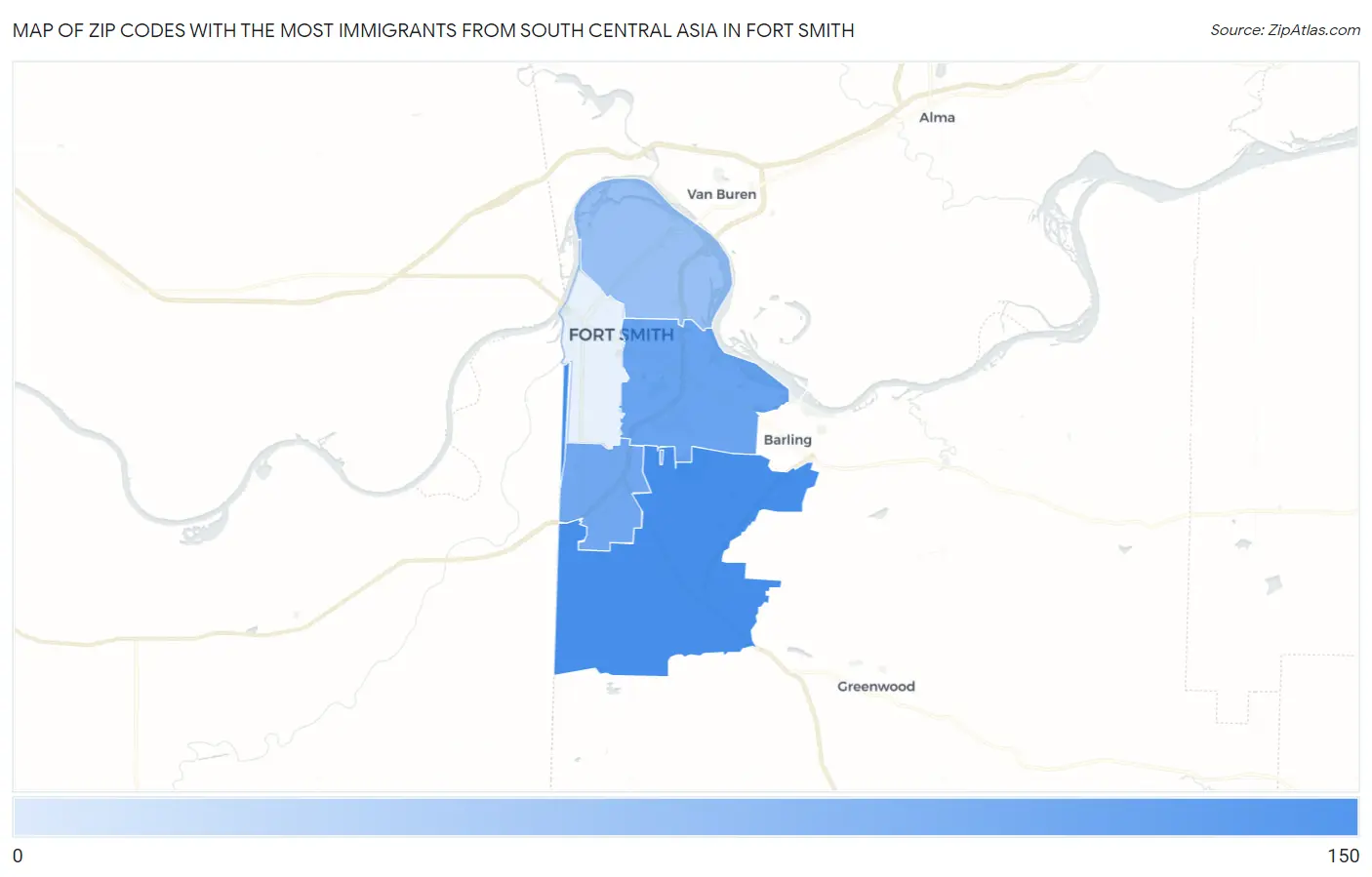 Zip Codes with the Most Immigrants from South Central Asia in Fort Smith Map