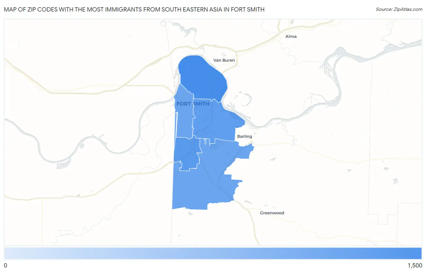 Zip Codes with the Most Immigrants from South Eastern Asia in Fort Smith Map