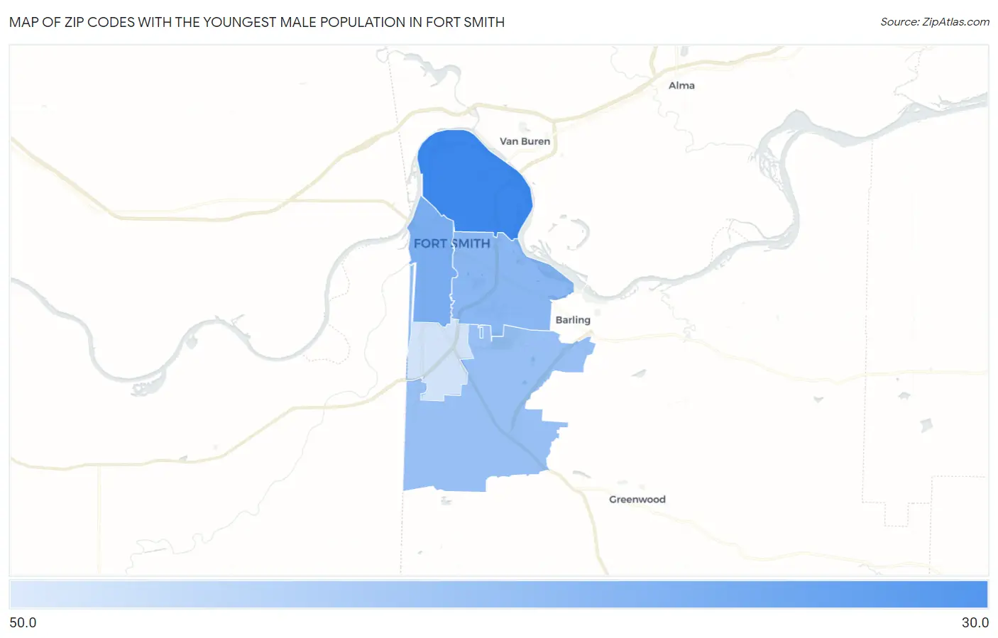 Zip Codes with the Youngest Male Population in Fort Smith Map