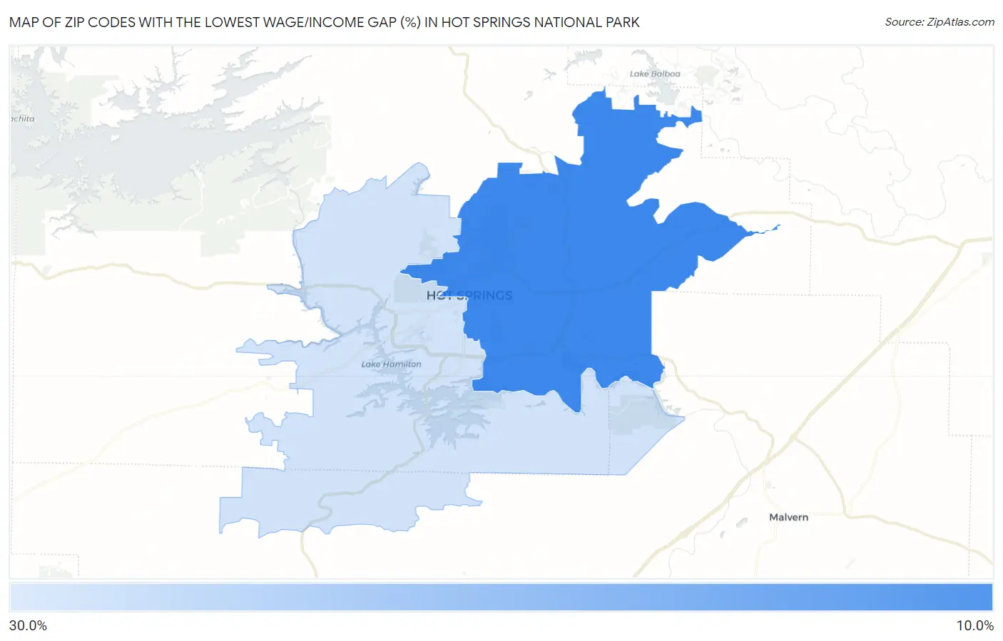 Zip Codes with the Lowest Wage/Income Gap (%) in Hot Springs National Park Map