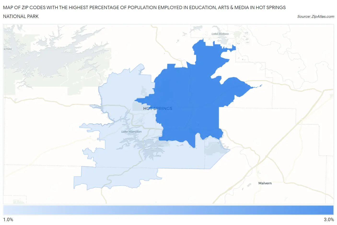 Zip Codes with the Highest Percentage of Population Employed in Education, Arts & Media in Hot Springs National Park Map