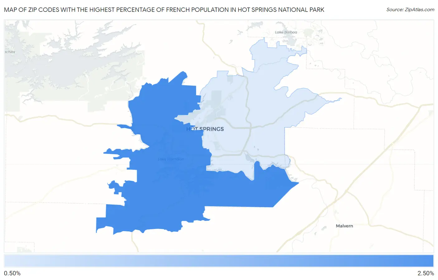 Zip Codes with the Highest Percentage of French Population in Hot Springs National Park Map