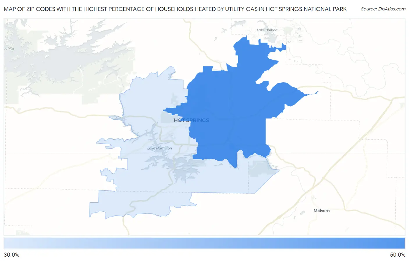 Zip Codes with the Highest Percentage of Households Heated by Utility Gas in Hot Springs National Park Map