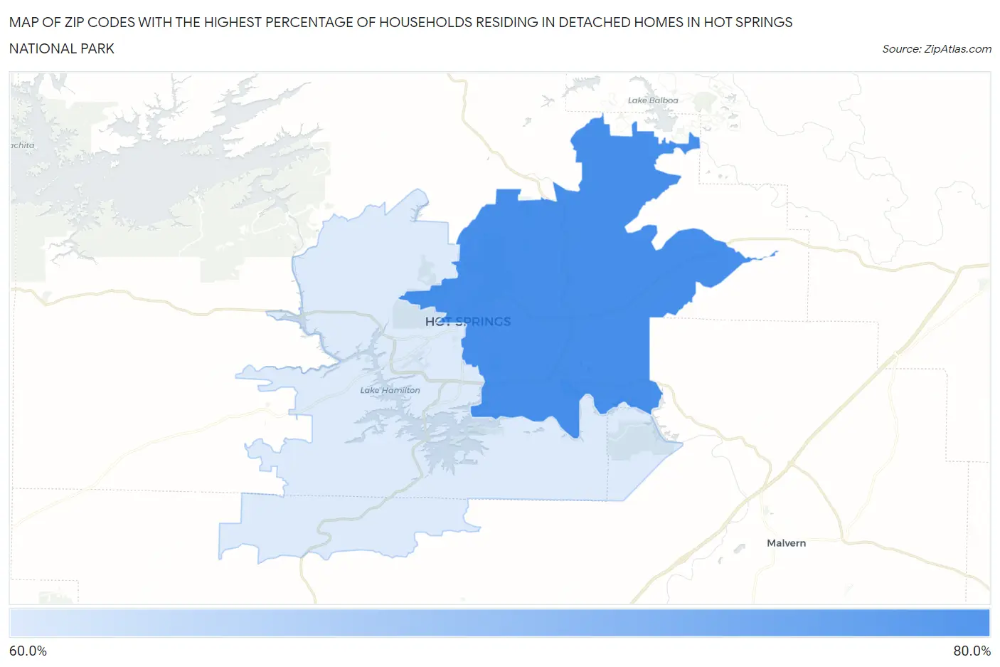 Zip Codes with the Highest Percentage of Households Residing in Detached Homes in Hot Springs National Park Map