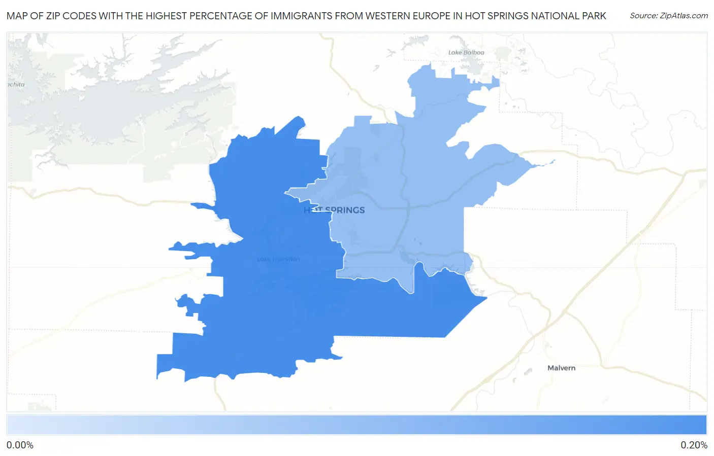 Zip Codes with the Highest Percentage of Immigrants from Western Europe in Hot Springs National Park Map