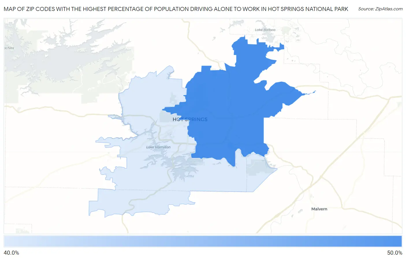 Zip Codes with the Highest Percentage of Population Driving Alone to Work in Hot Springs National Park Map
