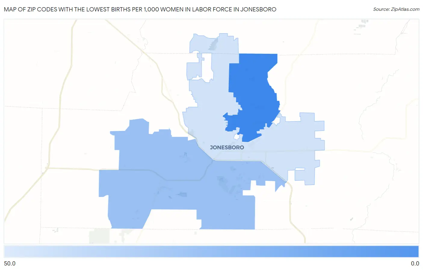 Zip Codes with the Lowest Births per 1,000 Women in Labor Force in Jonesboro Map