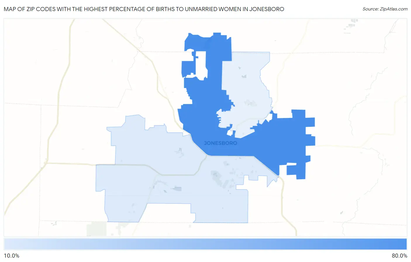 Zip Codes with the Highest Percentage of Births to Unmarried Women in Jonesboro Map
