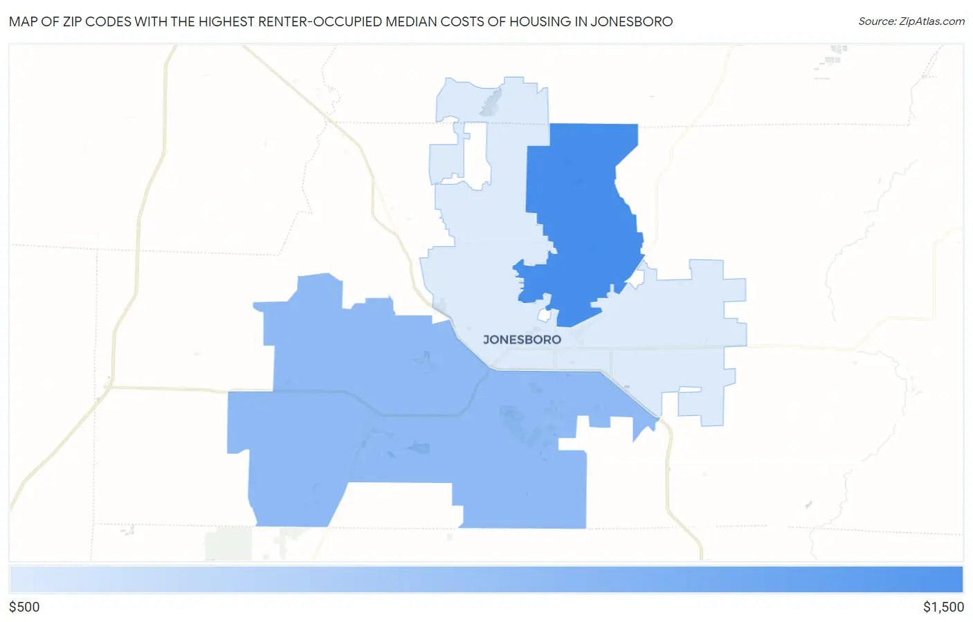 Zip Codes with the Highest Renter-Occupied Median Costs of Housing in Jonesboro Map
