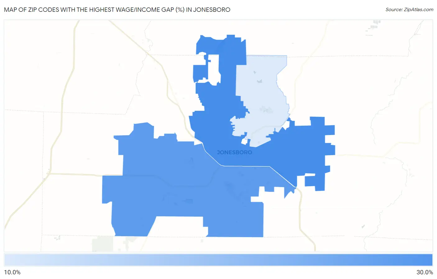 Zip Codes with the Highest Wage/Income Gap (%) in Jonesboro Map