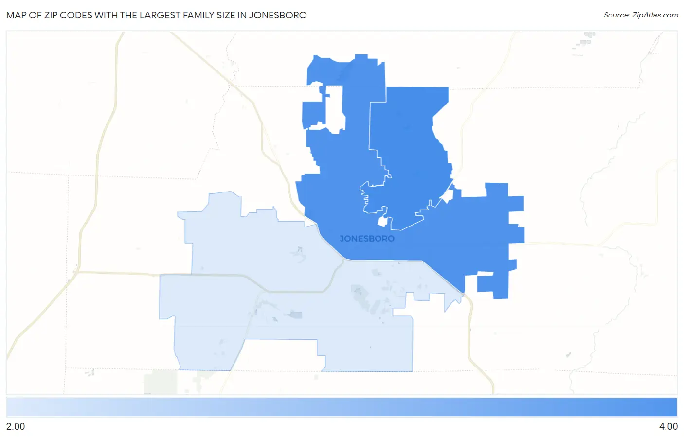 Zip Codes with the Largest Family Size in Jonesboro Map