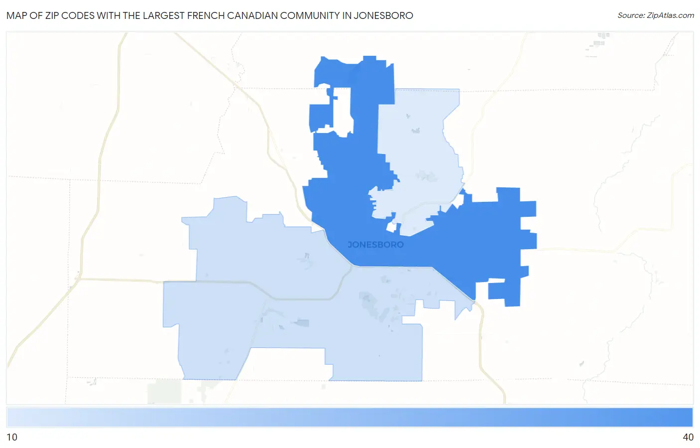 Zip Codes with the Largest French Canadian Community in Jonesboro Map