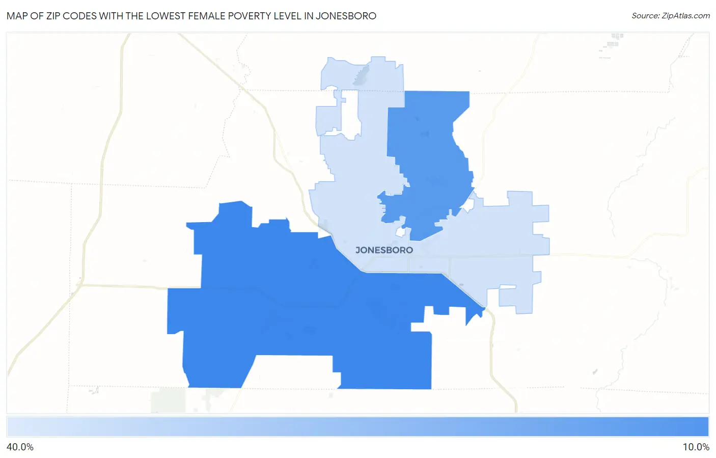 Zip Codes with the Lowest Female Poverty Level in Jonesboro Map