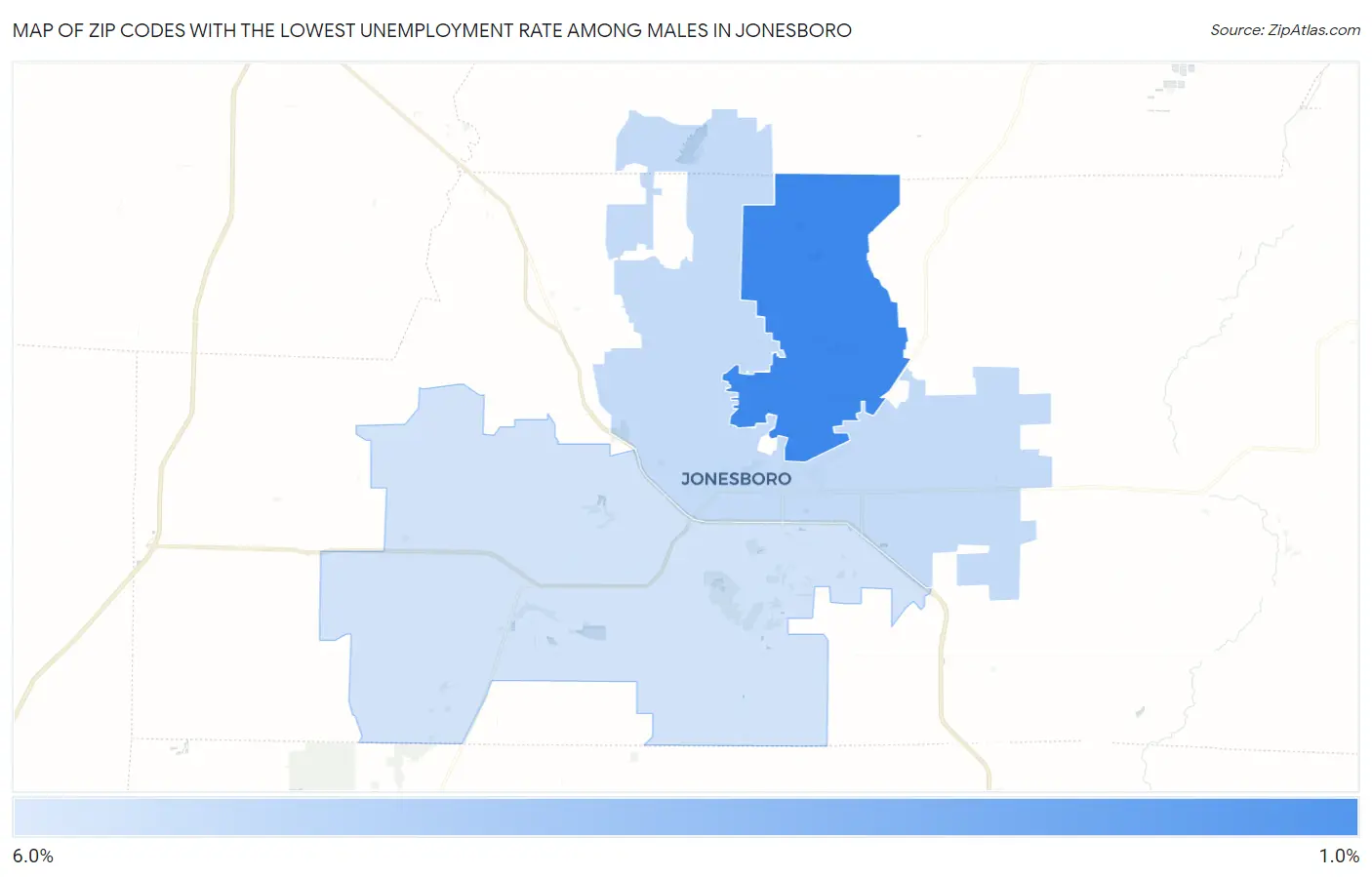 Zip Codes with the Lowest Unemployment Rate Among Males in Jonesboro Map