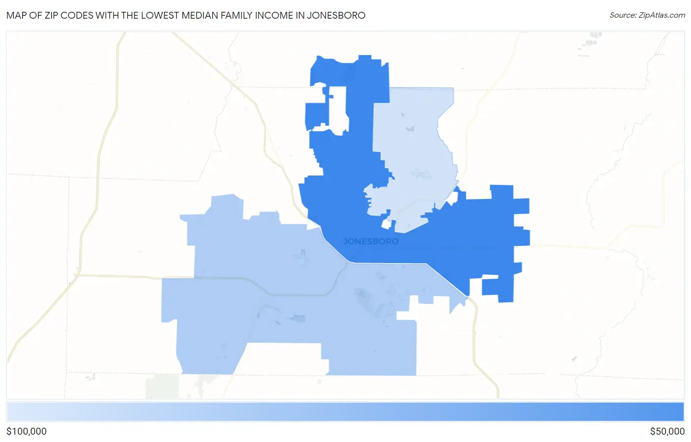 Zip Codes with the Lowest Median Family Income in Jonesboro Map