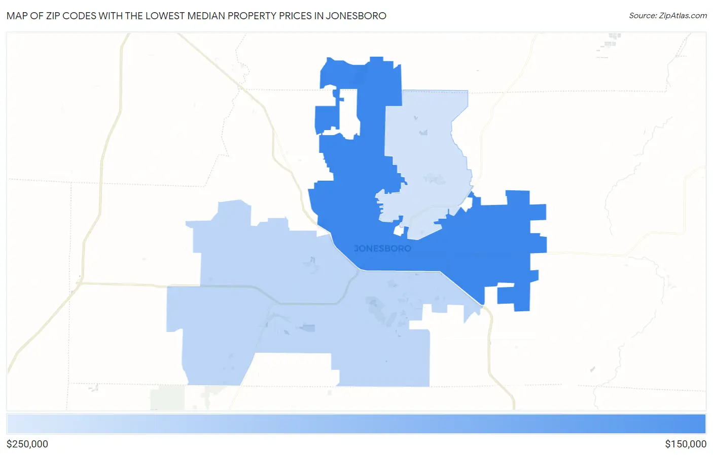 Zip Codes with the Lowest Median Property Prices in Jonesboro Map