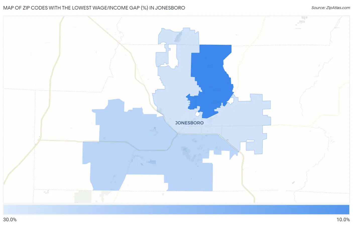 Zip Codes with the Lowest Wage/Income Gap (%) in Jonesboro Map