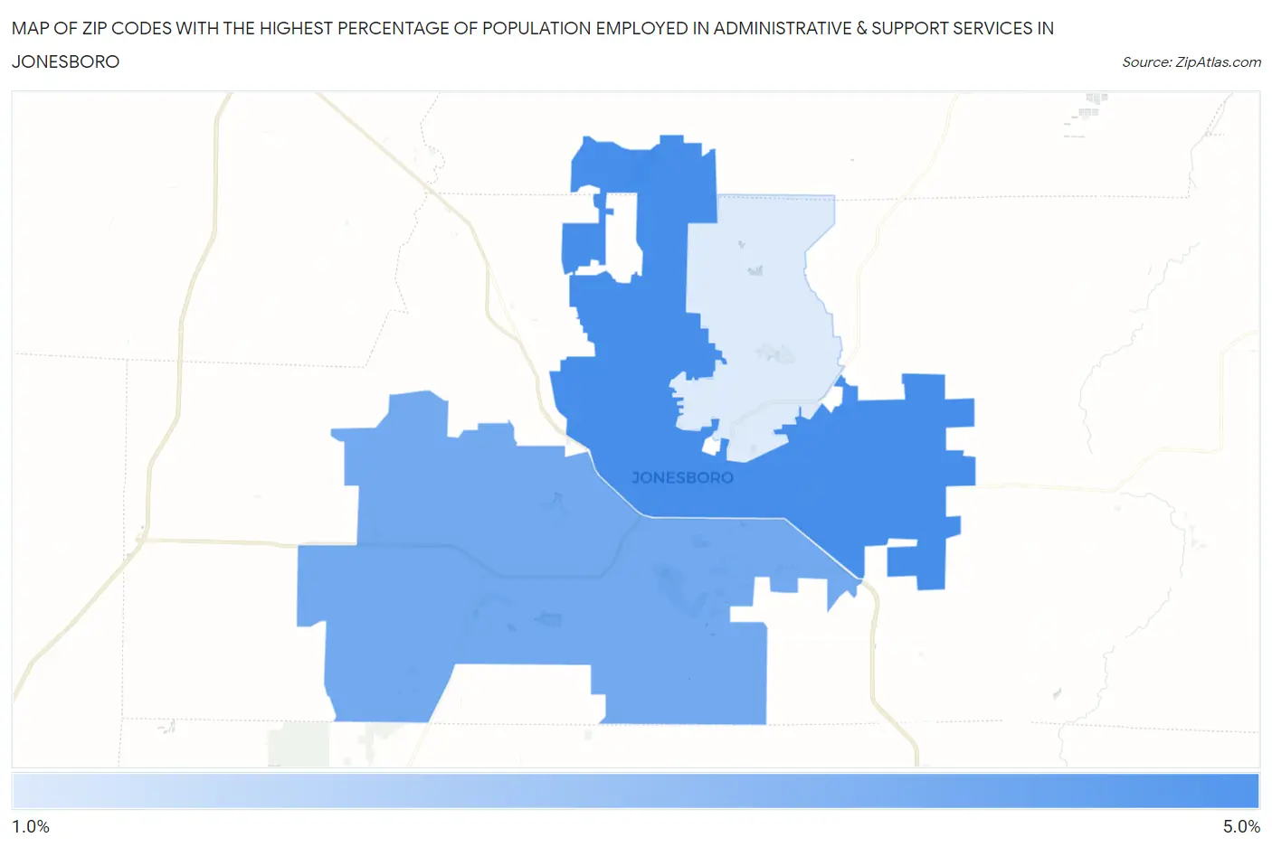 Zip Codes with the Highest Percentage of Population Employed in Administrative & Support Services in Jonesboro Map