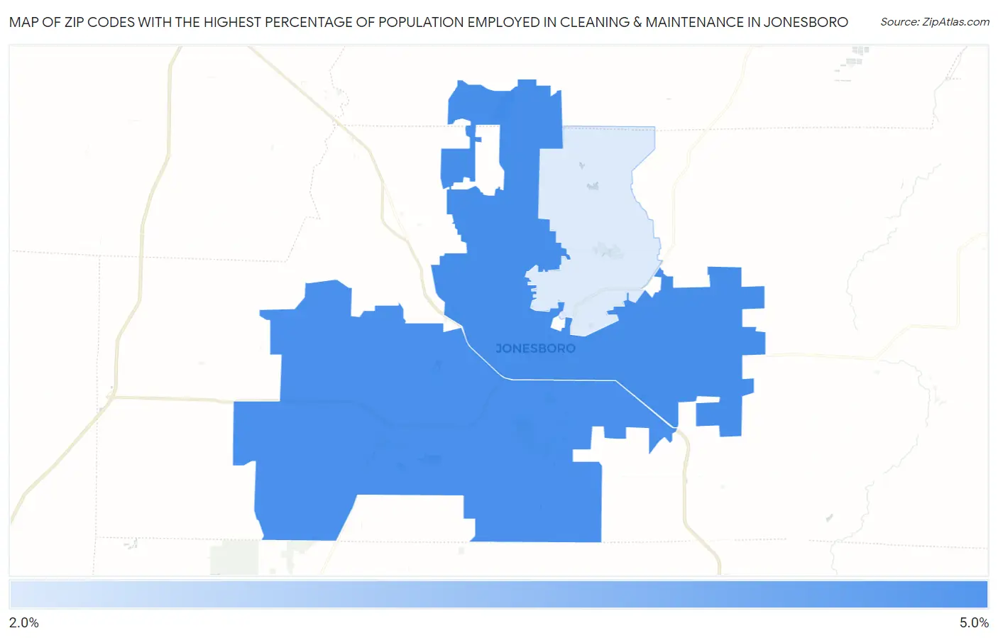 Zip Codes with the Highest Percentage of Population Employed in Cleaning & Maintenance in Jonesboro Map
