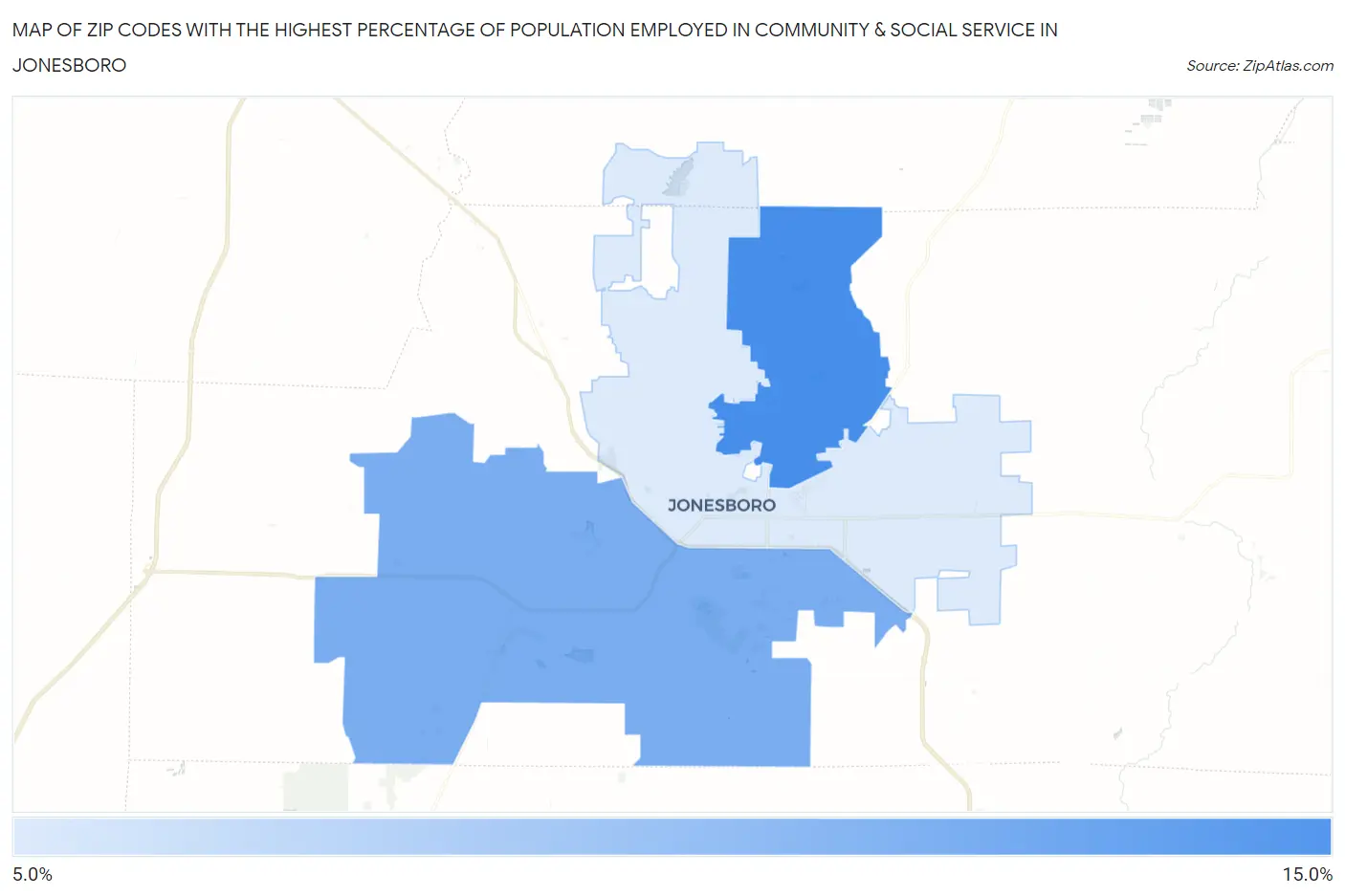 Zip Codes with the Highest Percentage of Population Employed in Community & Social Service  in Jonesboro Map