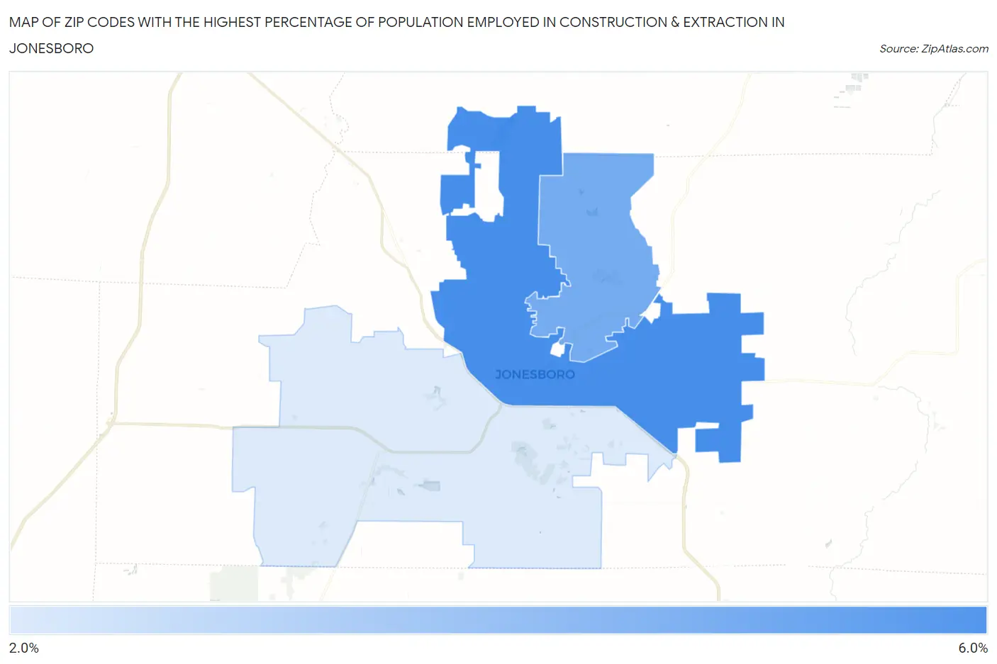 Zip Codes with the Highest Percentage of Population Employed in Construction & Extraction in Jonesboro Map