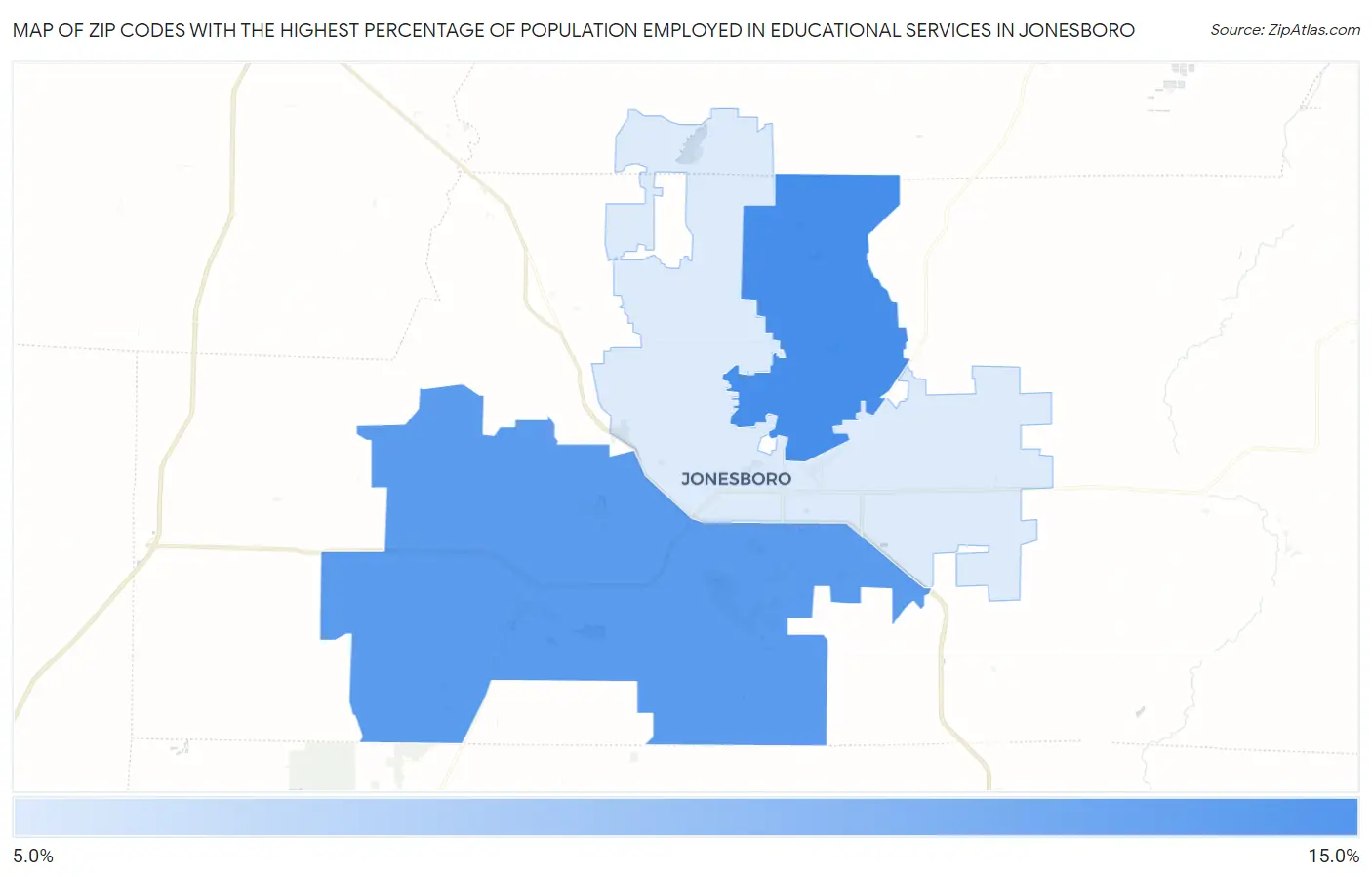 Zip Codes with the Highest Percentage of Population Employed in Educational Services in Jonesboro Map