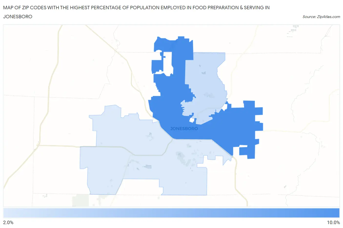 Zip Codes with the Highest Percentage of Population Employed in Food Preparation & Serving in Jonesboro Map
