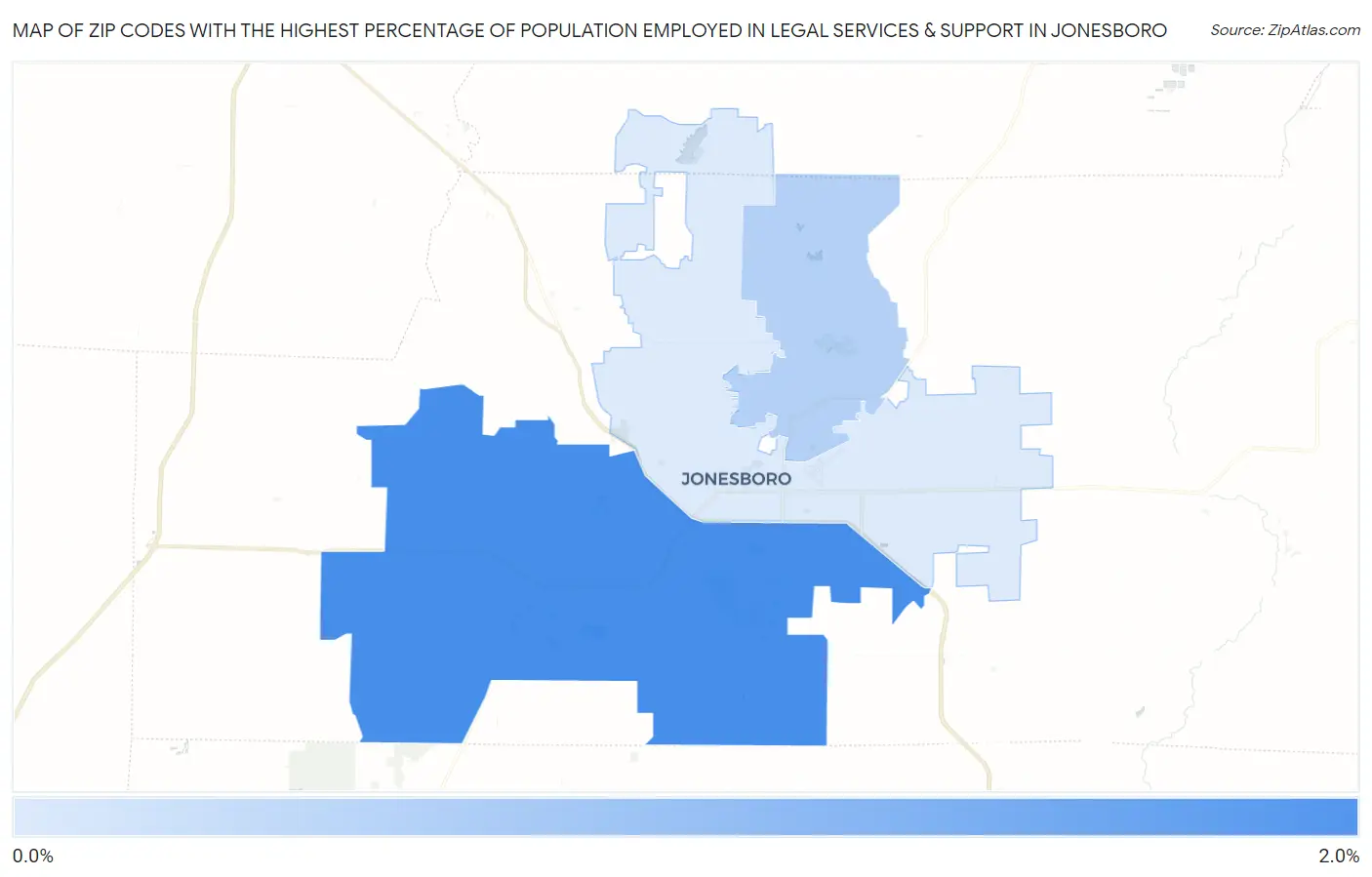 Zip Codes with the Highest Percentage of Population Employed in Legal Services & Support in Jonesboro Map