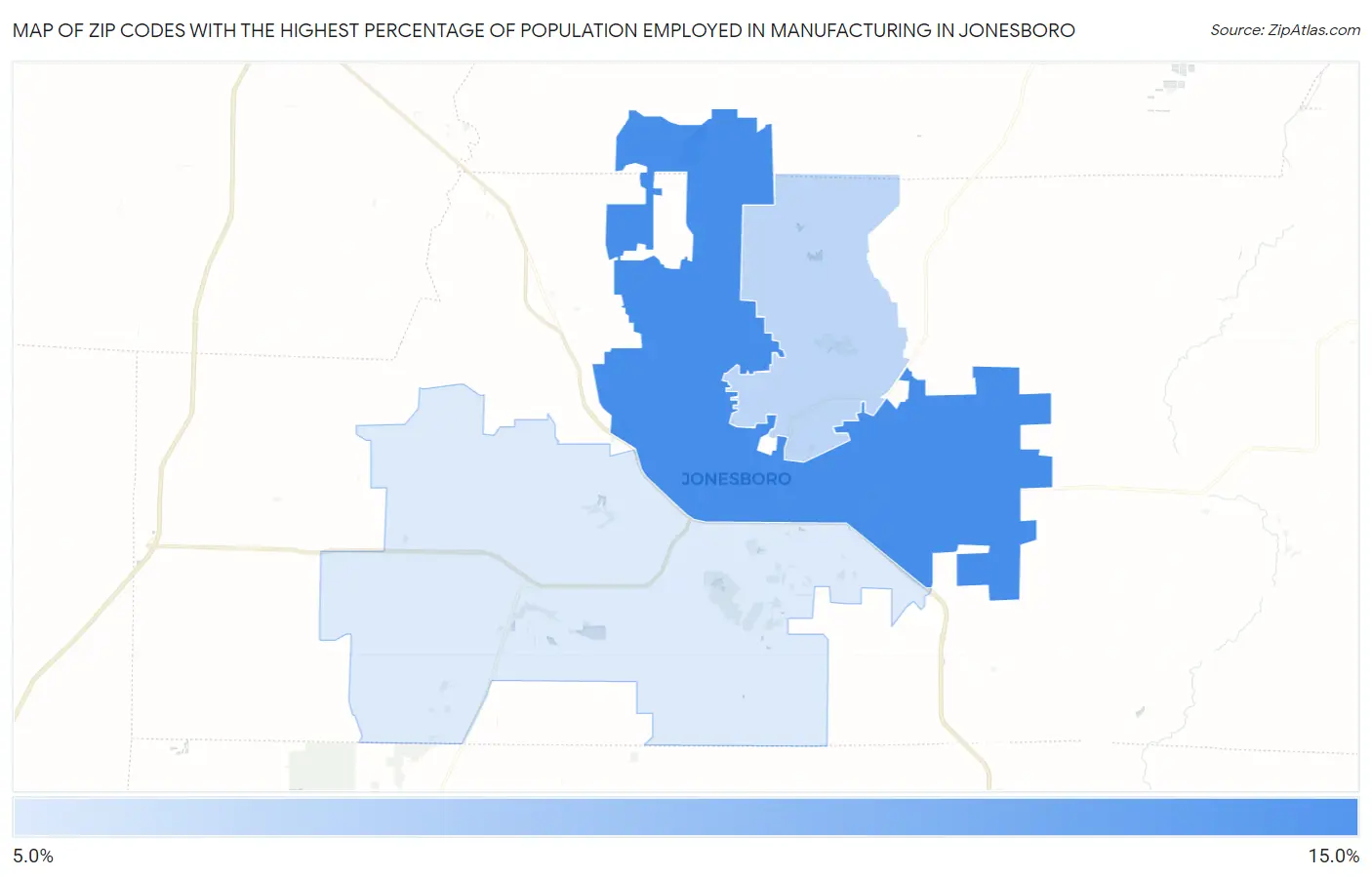 Zip Codes with the Highest Percentage of Population Employed in Manufacturing in Jonesboro Map