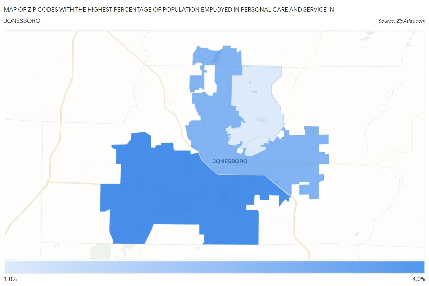 Zip Codes with the Highest Percentage of Population Employed in Personal Care and Service in Jonesboro Map