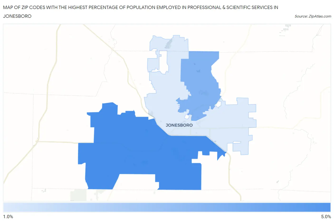 Zip Codes with the Highest Percentage of Population Employed in Professional & Scientific Services in Jonesboro Map