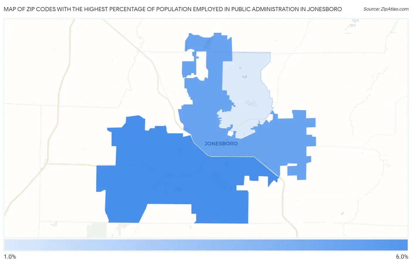 Zip Codes with the Highest Percentage of Population Employed in Public Administration in Jonesboro Map