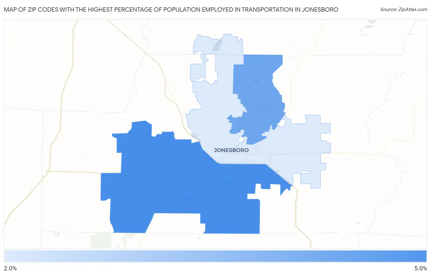 Zip Codes with the Highest Percentage of Population Employed in Transportation in Jonesboro Map