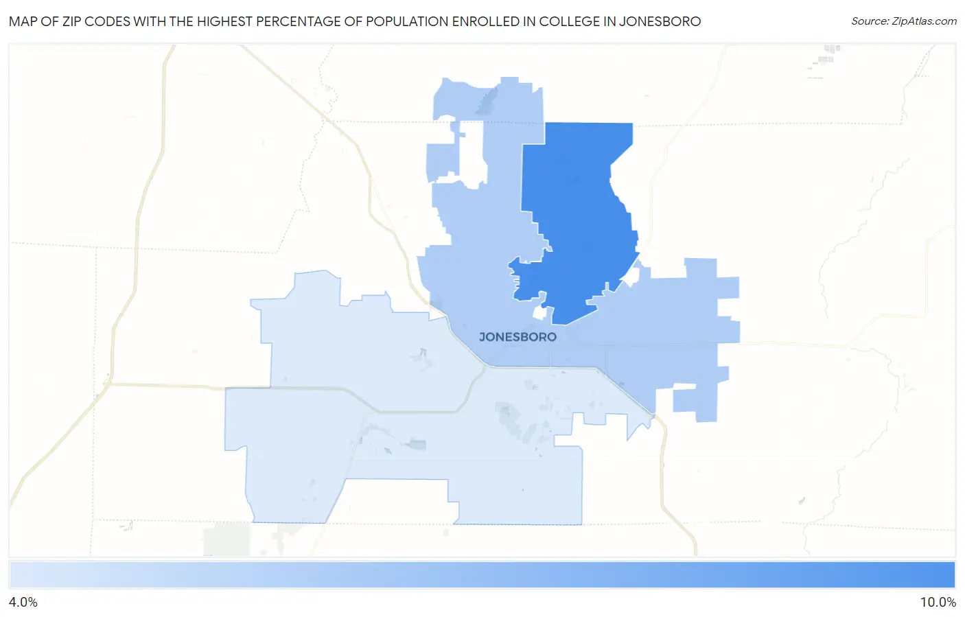 Zip Codes with the Highest Percentage of Population Enrolled in College in Jonesboro Map