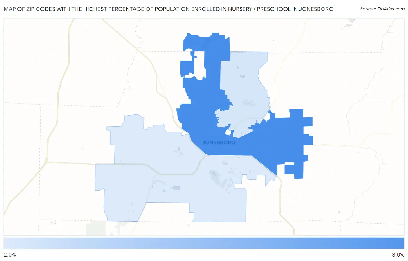 Zip Codes with the Highest Percentage of Population Enrolled in Nursery / Preschool in Jonesboro Map