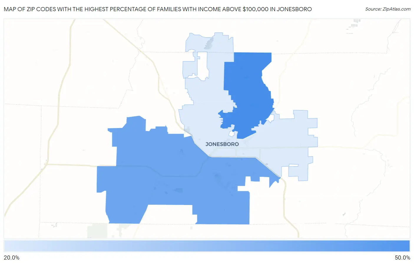 Zip Codes with the Highest Percentage of Families with Income Above $100,000 in Jonesboro Map