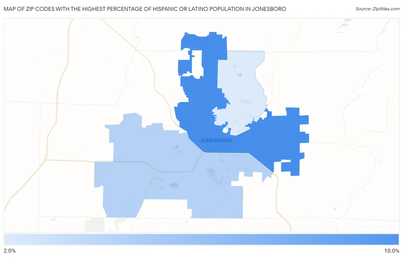 Zip Codes with the Highest Percentage of Hispanic or Latino Population in Jonesboro Map