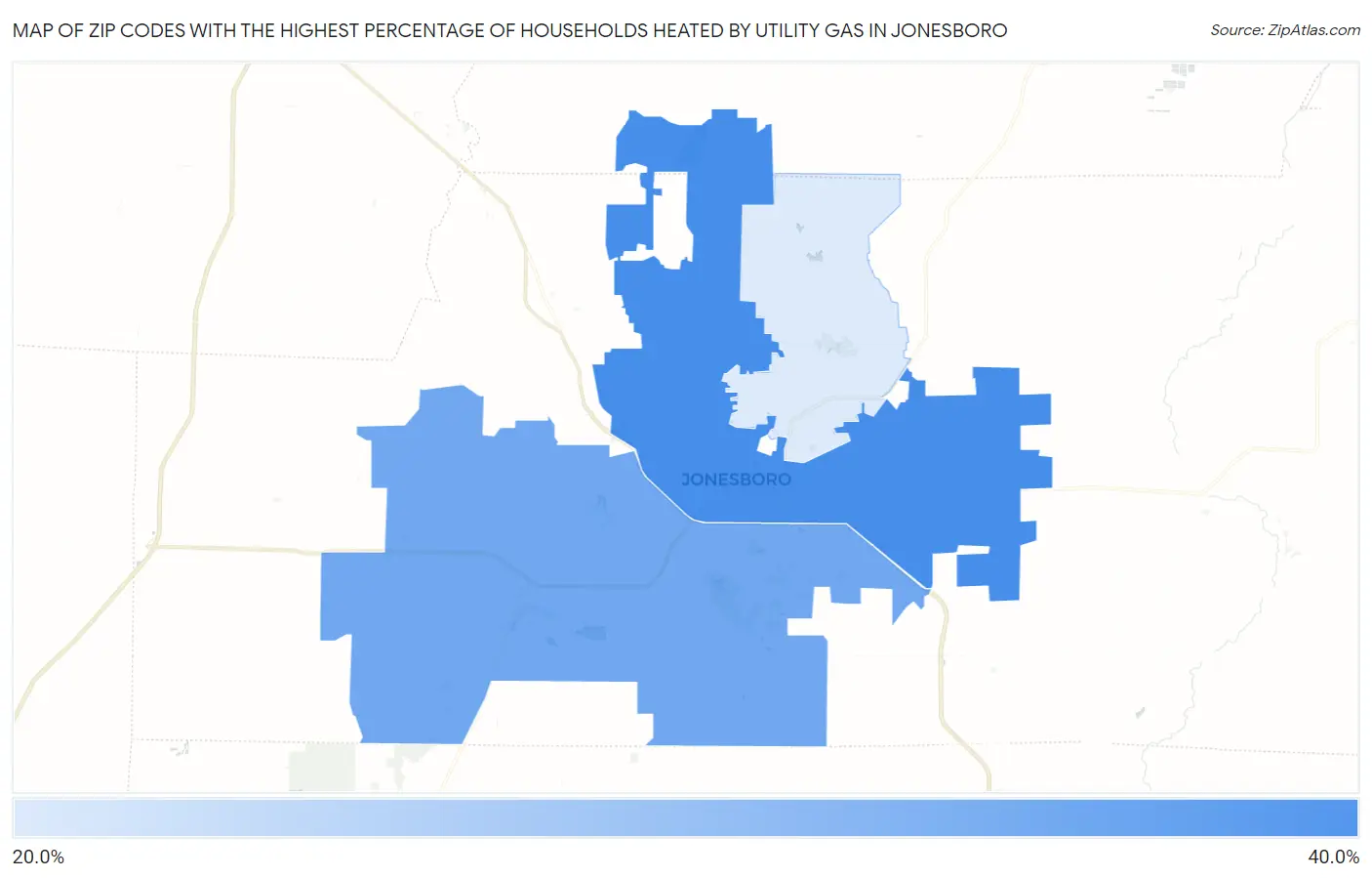 Zip Codes with the Highest Percentage of Households Heated by Utility Gas in Jonesboro Map
