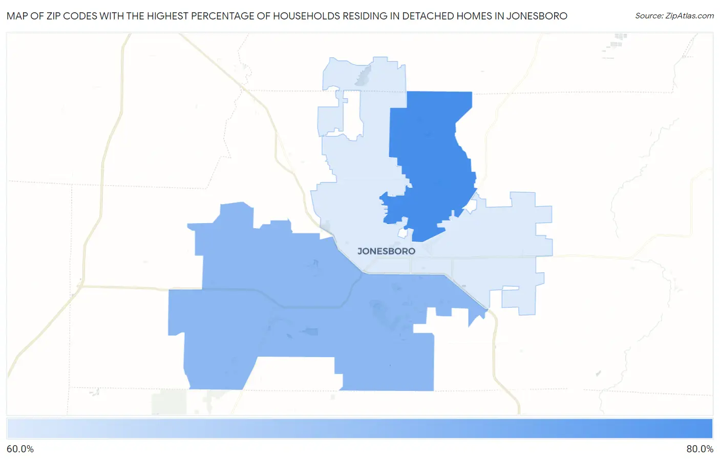 Zip Codes with the Highest Percentage of Households Residing in Detached Homes in Jonesboro Map