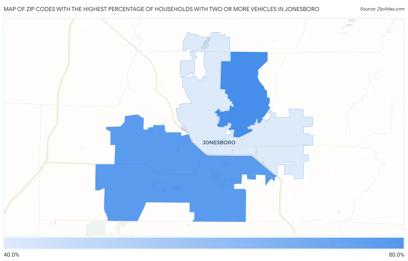 Zip Codes with the Highest Percentage of Households With Two or more Vehicles in Jonesboro Map