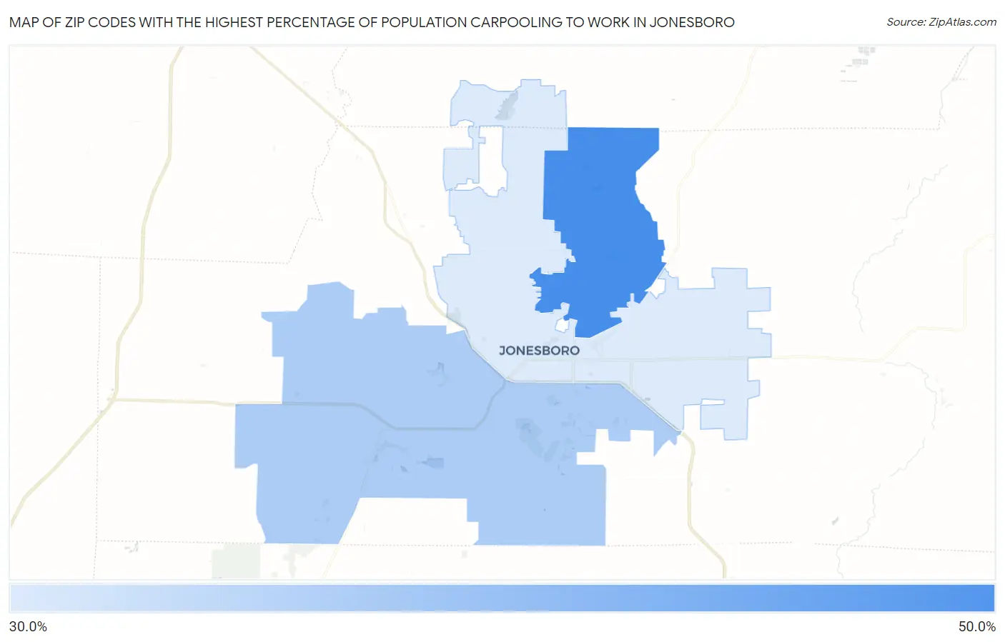 Zip Codes with the Highest Percentage of Population Carpooling to Work in Jonesboro Map