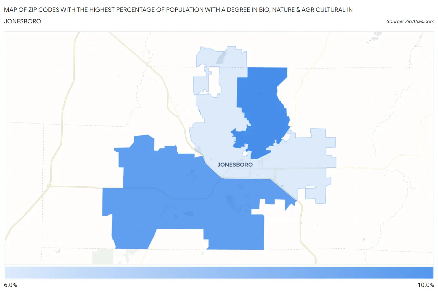 Zip Codes with the Highest Percentage of Population with a Degree in Bio, Nature & Agricultural in Jonesboro Map