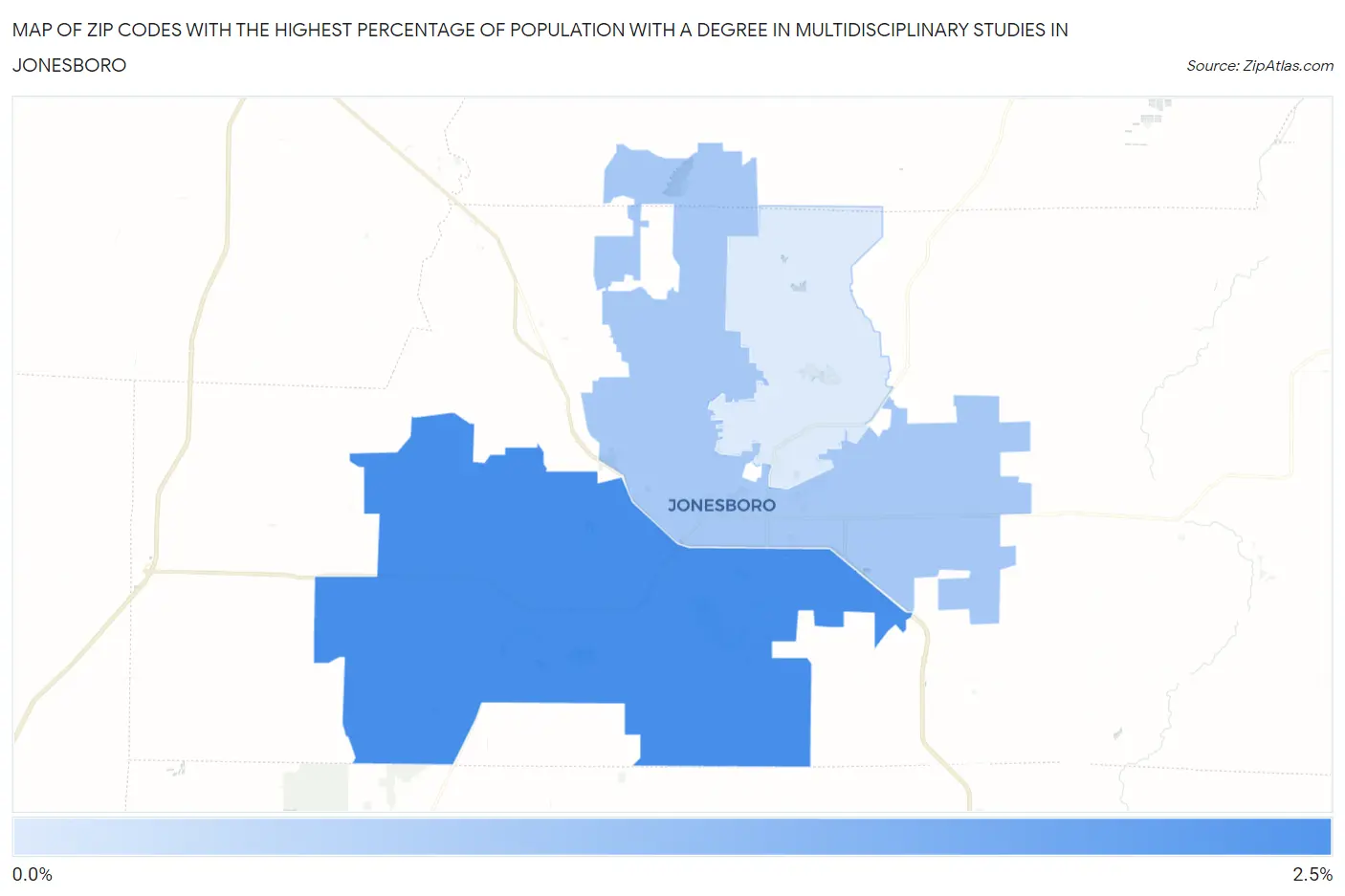Zip Codes with the Highest Percentage of Population with a Degree in Multidisciplinary Studies in Jonesboro Map