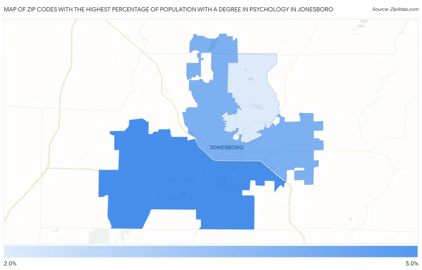 Zip Codes with the Highest Percentage of Population with a Degree in Psychology in Jonesboro Map