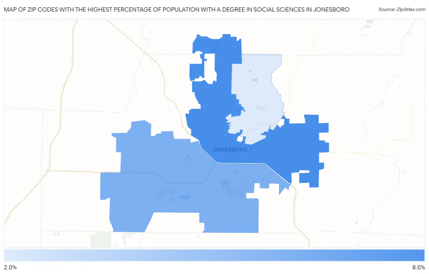 Zip Codes with the Highest Percentage of Population with a Degree in Social Sciences in Jonesboro Map