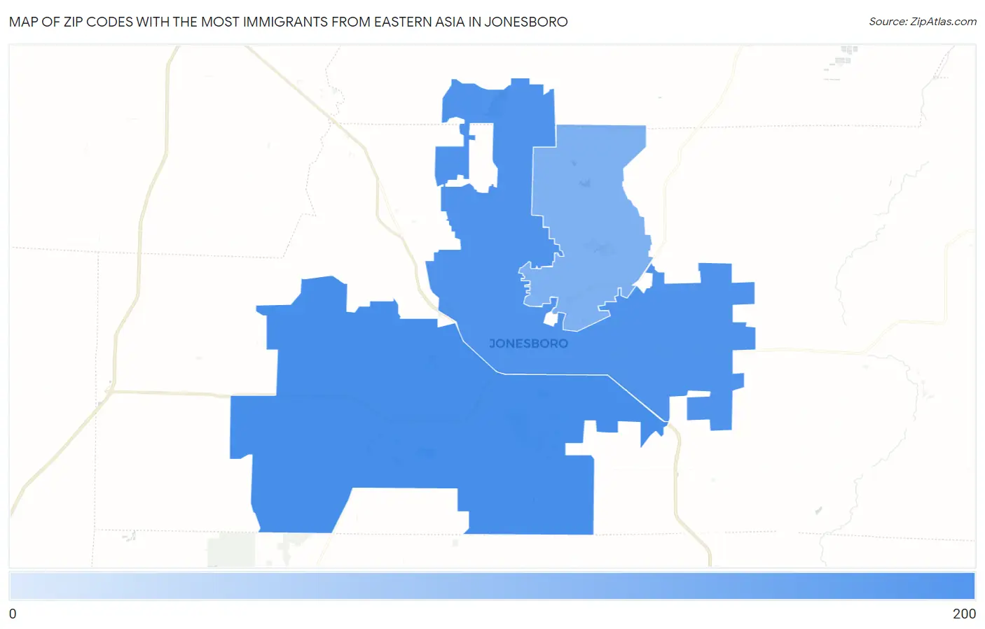 Zip Codes with the Most Immigrants from Eastern Asia in Jonesboro Map