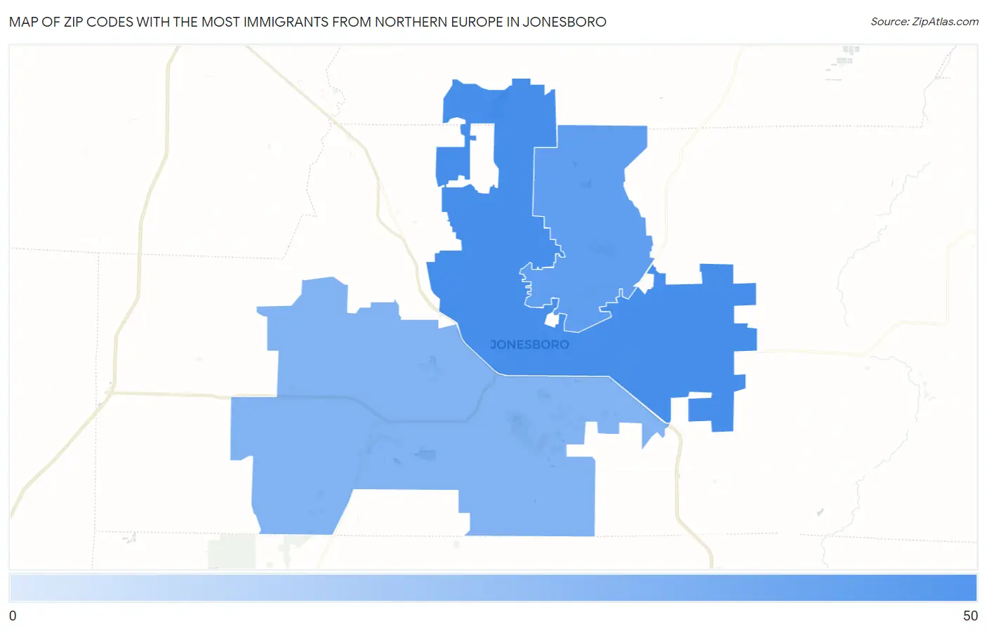 Zip Codes with the Most Immigrants from Northern Europe in Jonesboro Map